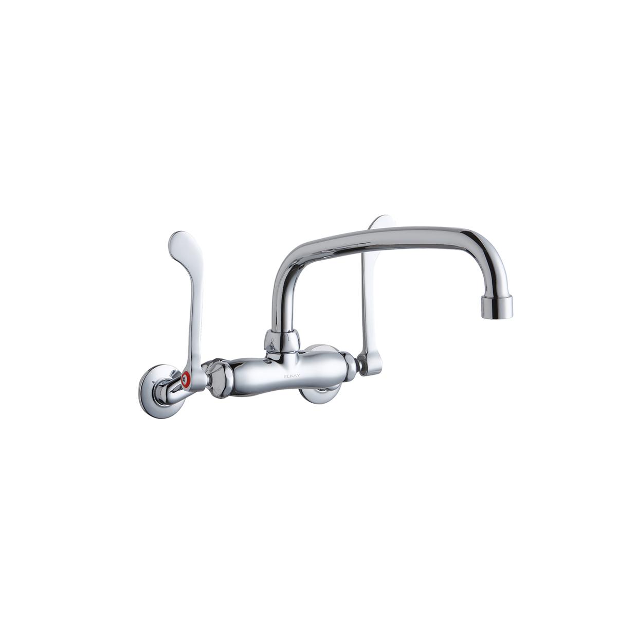 Chrome wall-mount faucet with curved arc spout, wristblade handle, and inlet connection.