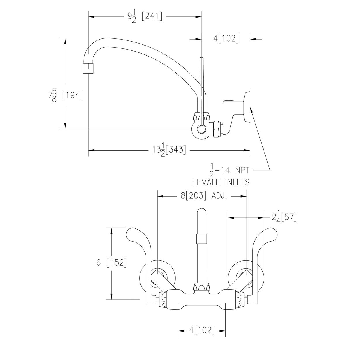Wall-mount faucet with arcing spout and dual wristblade handles, shown in technical elevation and plan views with dimensions.