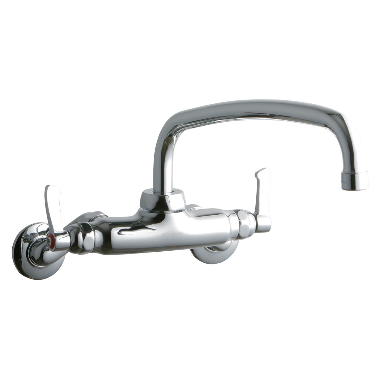 Chrome wall-mount faucet with arc tube spout, two lever handles, and circular mounting flanges.