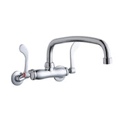 Chrome wall-mounted faucet with curved arc spout, single wristblade handle, and cylindrical valve body.