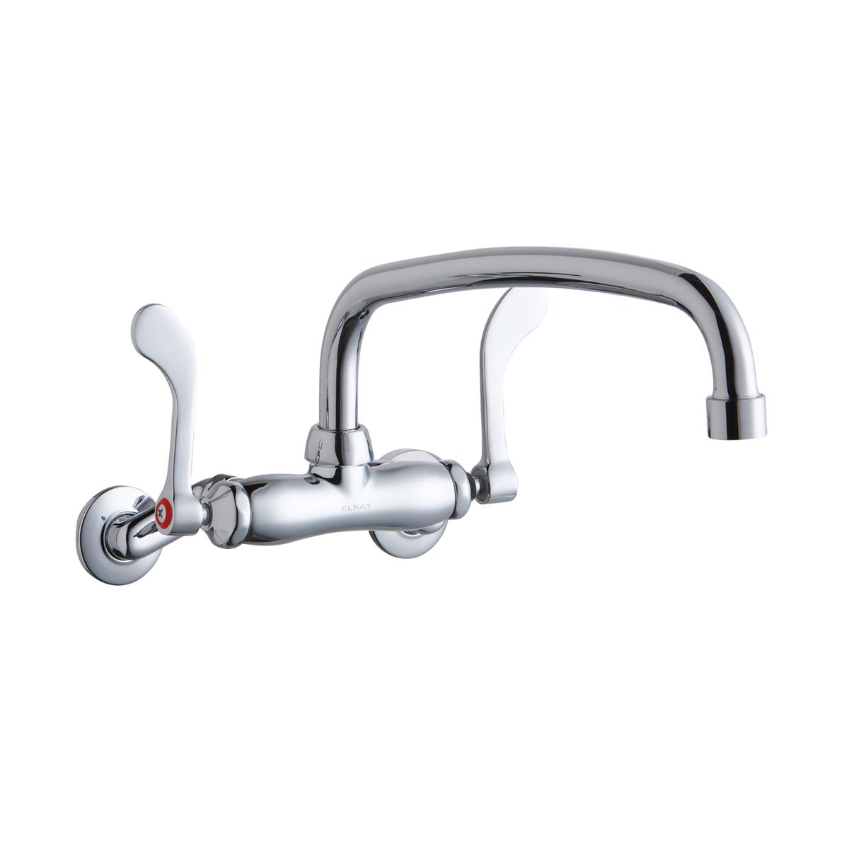 Chrome wall-mounted faucet with curved arc spout, single wristblade handle, and cylindrical valve body.