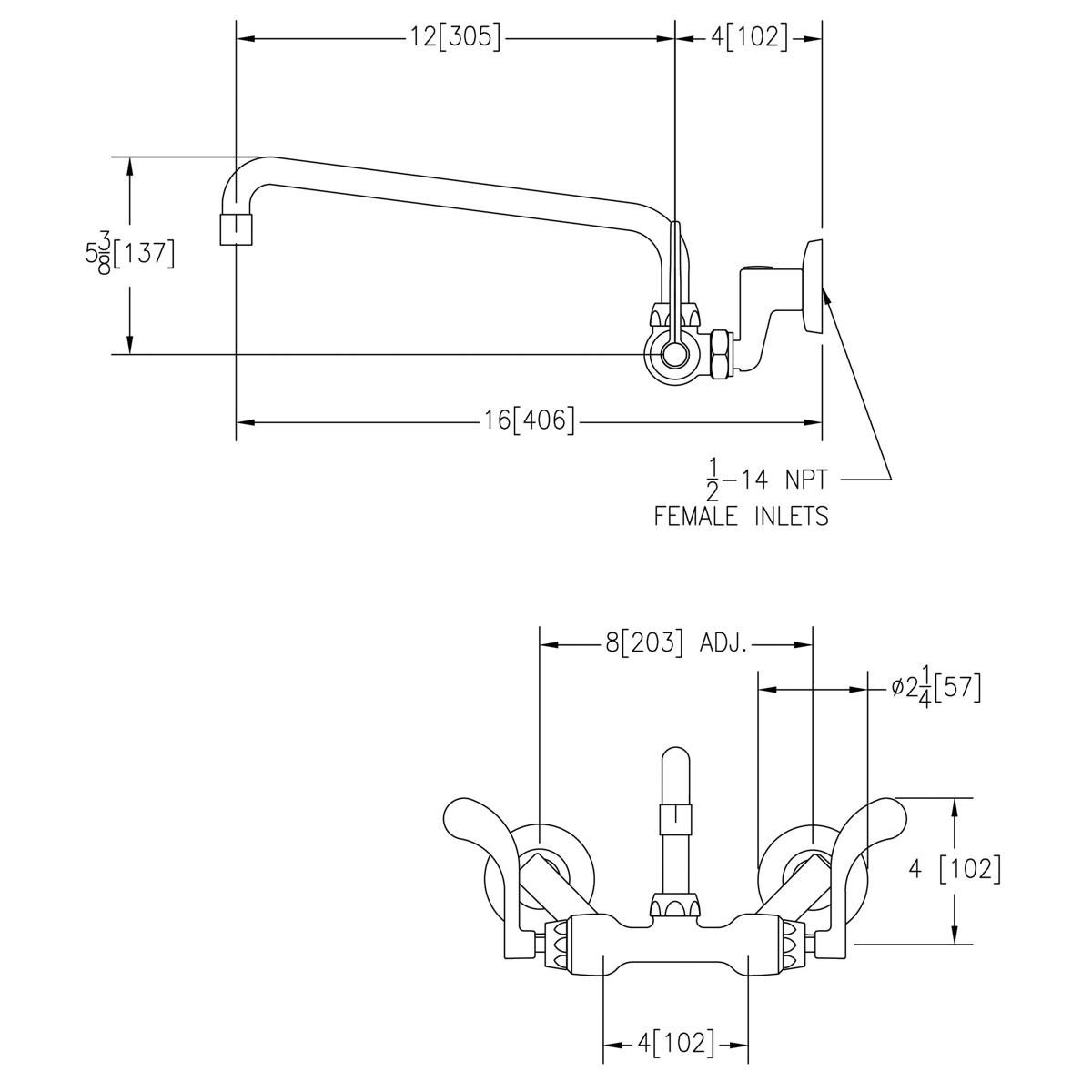 Wall-mounted commercial faucet with 12" arc spout, two wristblade handles, and adjustable 3-8" center spacing.