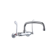 Chrome wall-mount faucet with curved arc spout and wristblade handle on left side.