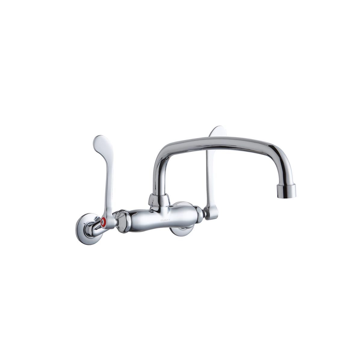 Chrome wall-mount faucet with curved arc spout, wristblade handles, and adjustable center mounting.