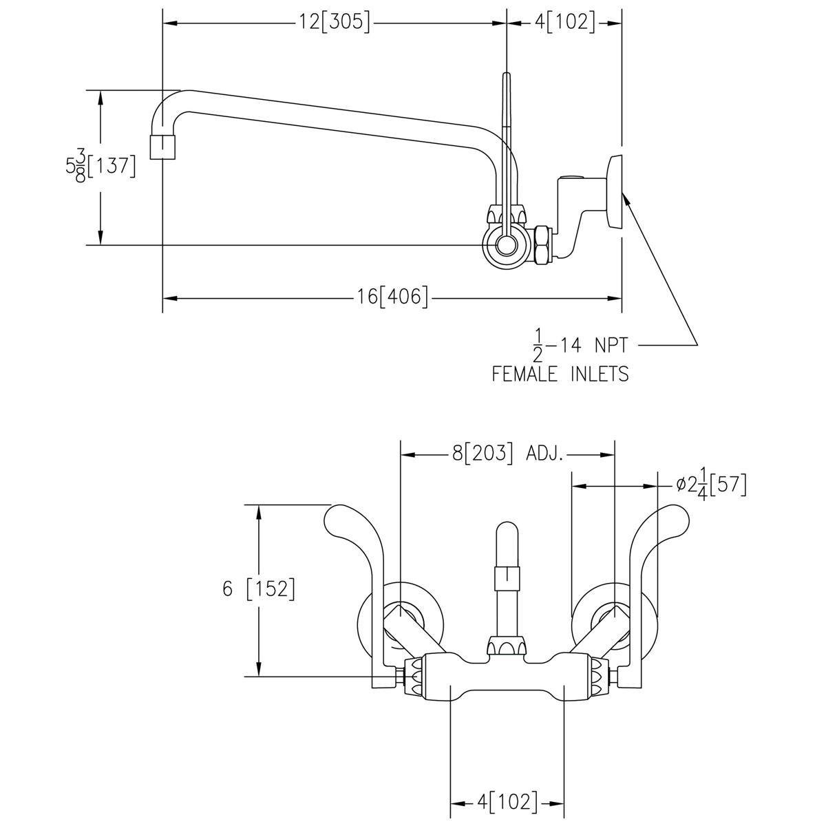 Wall-mounted commercial faucet with 12-inch arc spout, 6-inch wristblade handles, and adjustable center mounting.