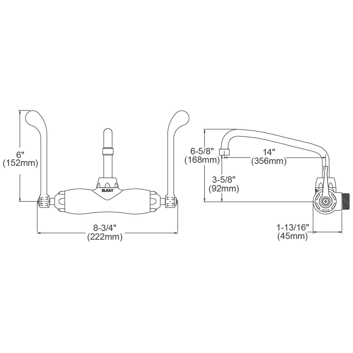 Wall-mount commercial faucet with curved arc spout, wristblade handles, and dimensional specifications shown in front and sid
