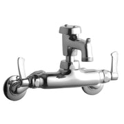 Chrome wall-mounted utility faucet with two lever handles, bucket hook spout, and wall flanges.
