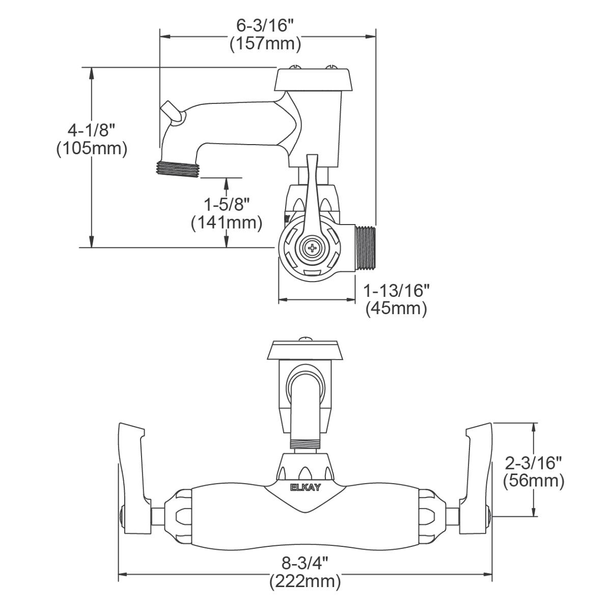 Chrome wall-mounted utility faucet with bucket hook spout and dual lever handles, shown in side and front technical drawings 