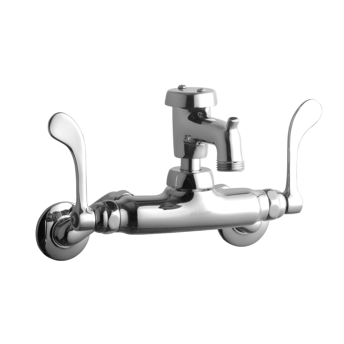 Chrome wall-mounted utility faucet with dual wristblade handles and bucket hook spout.