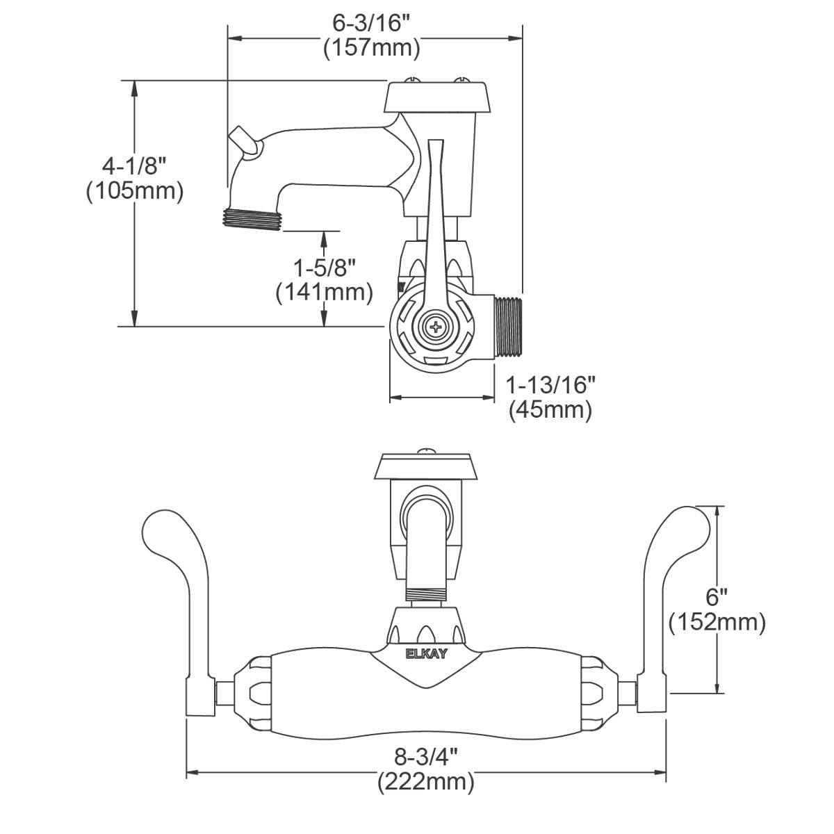 Chrome wall-mounted utility faucet with 6" wristblade handles, bucket hook spout, and 2" inlet connection shown in technical 