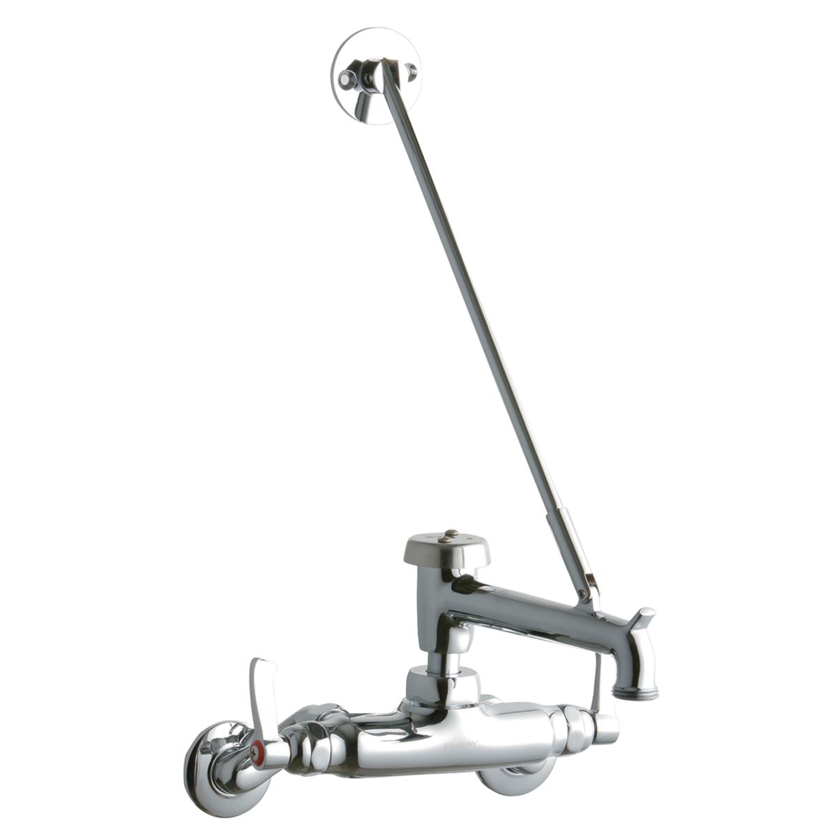 Chrome wall-mounted utility faucet with two lever handles, angled bucket hook spout, and wall bracket.