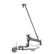 Chrome wall-mounted utility faucet with two lever handles, angled bucket hook spout, and wall bracket.