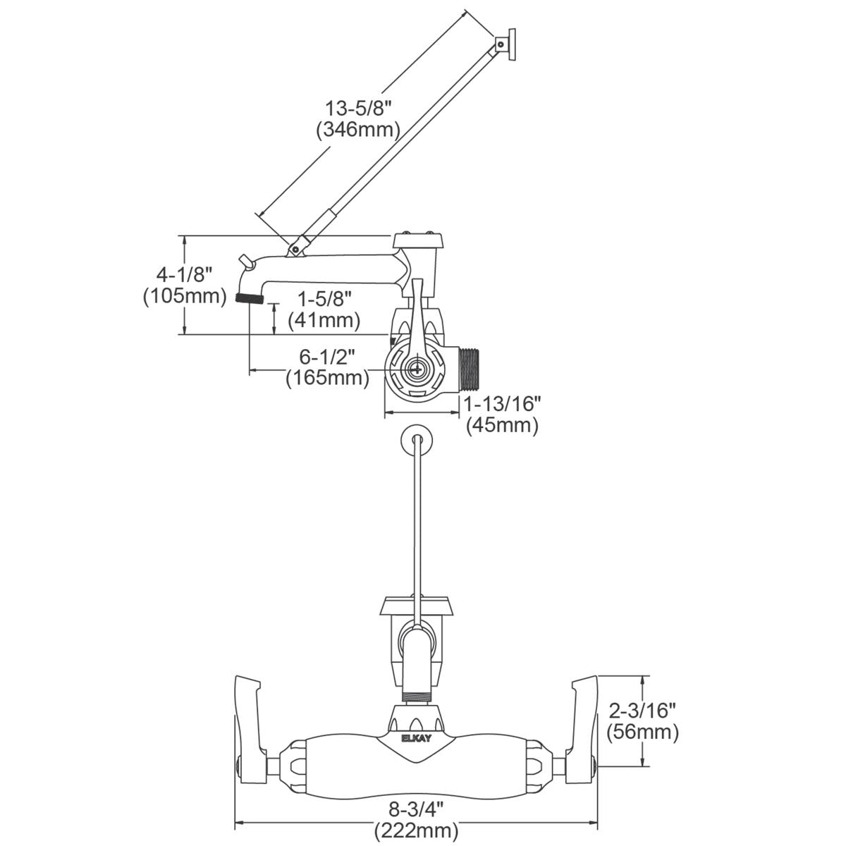 Chrome wall-mount utility faucet with 7-inch bucket hook spout and 2-inch lever handles, shown in technical diagram with dime