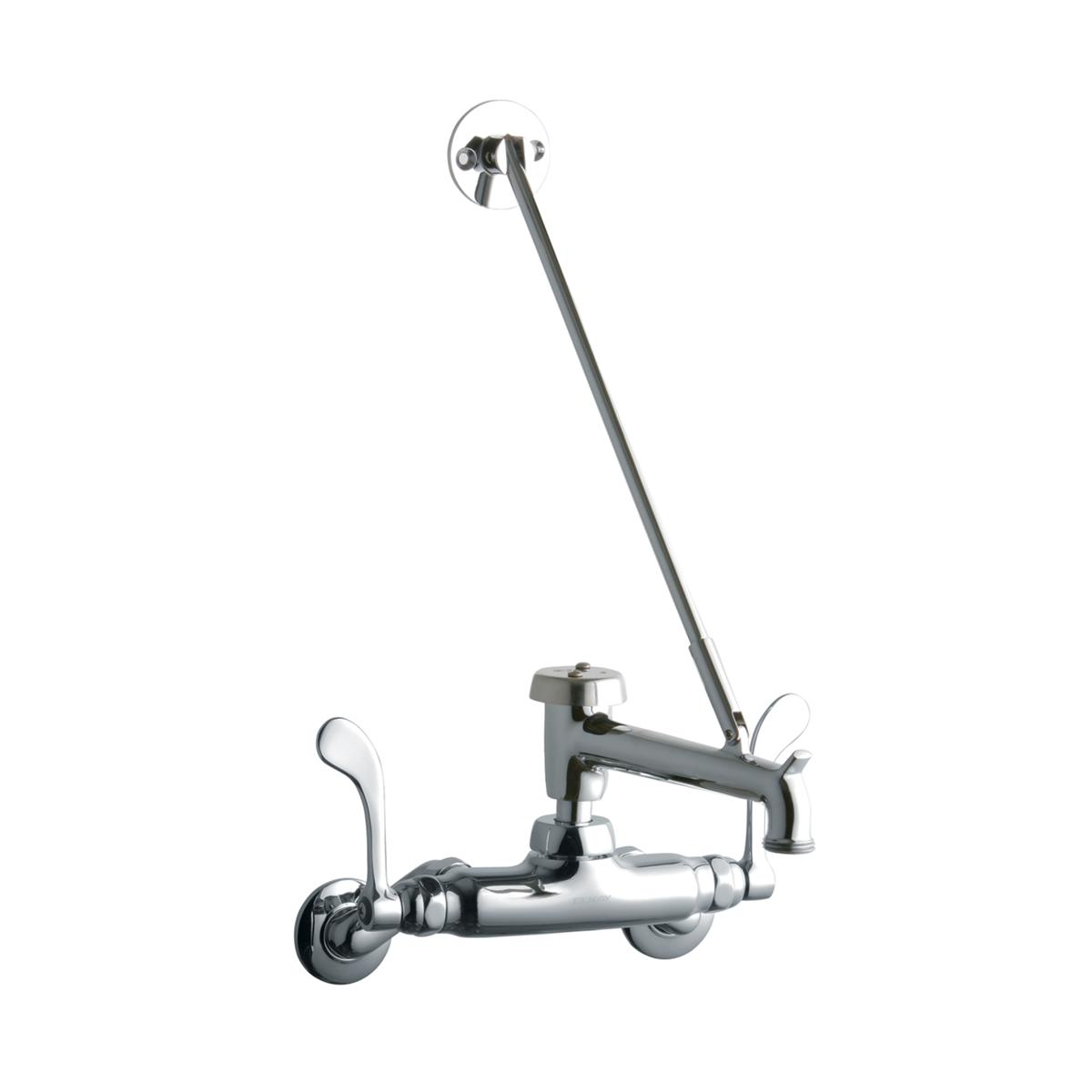 Chrome wall-mount utility faucet with dual wristblade handles, angled spout with bucket hook, and overhead supply line.