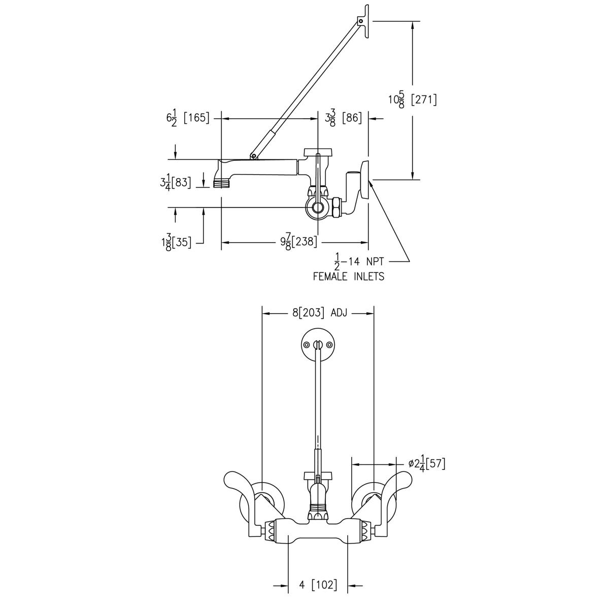 Chrome wall-mount utility faucet with angled bucket hook spout and wristblade handles, shown in technical specification drawi