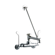 Chrome wall-mount utility faucet with two wristblade handles, angled spout with bucket hook, and wall bracket.