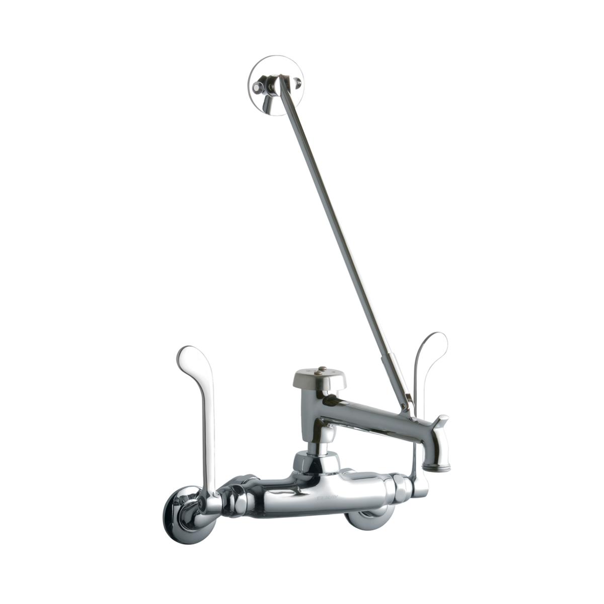 Chrome wall-mount utility faucet with two wristblade handles, angled spout with bucket hook, and wall bracket.