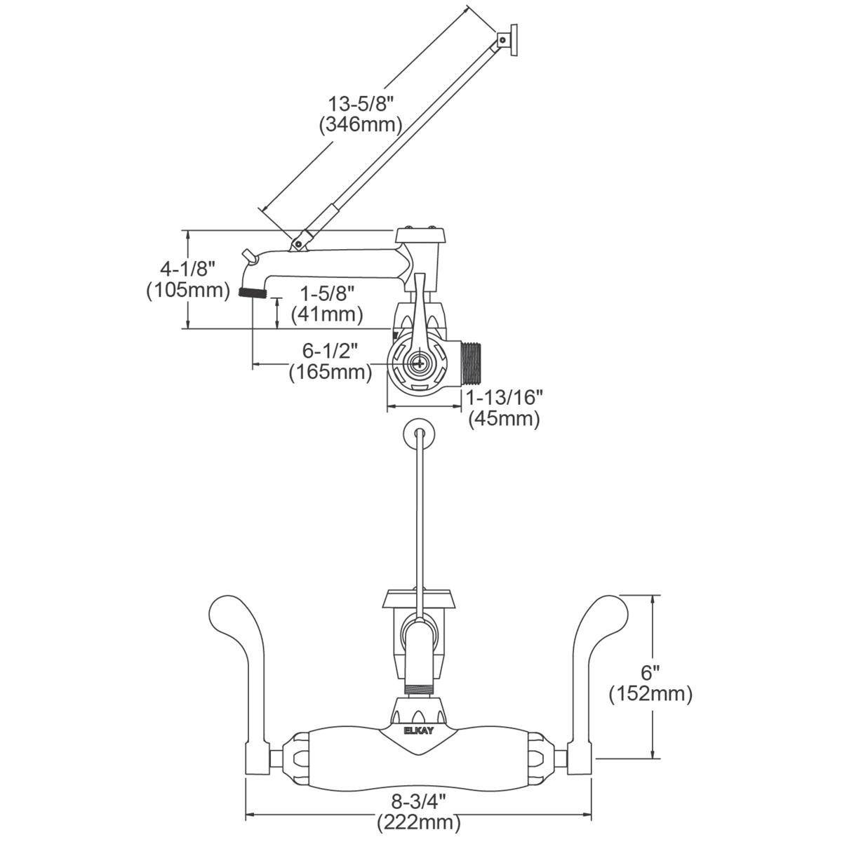 Chrome wall-mount utility faucet with angled bucket hook spout, wristblade handles, and dimensional specifications labeled.