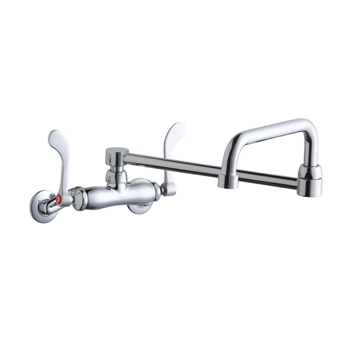 Chrome wall-mount faucet with double swing spout, wristblade handles, and adjustable mounting centers.