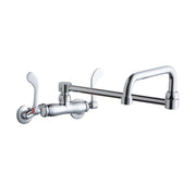 Chrome wall-mount faucet with double swing spout, wristblade handles, and adjustable mounting centers.