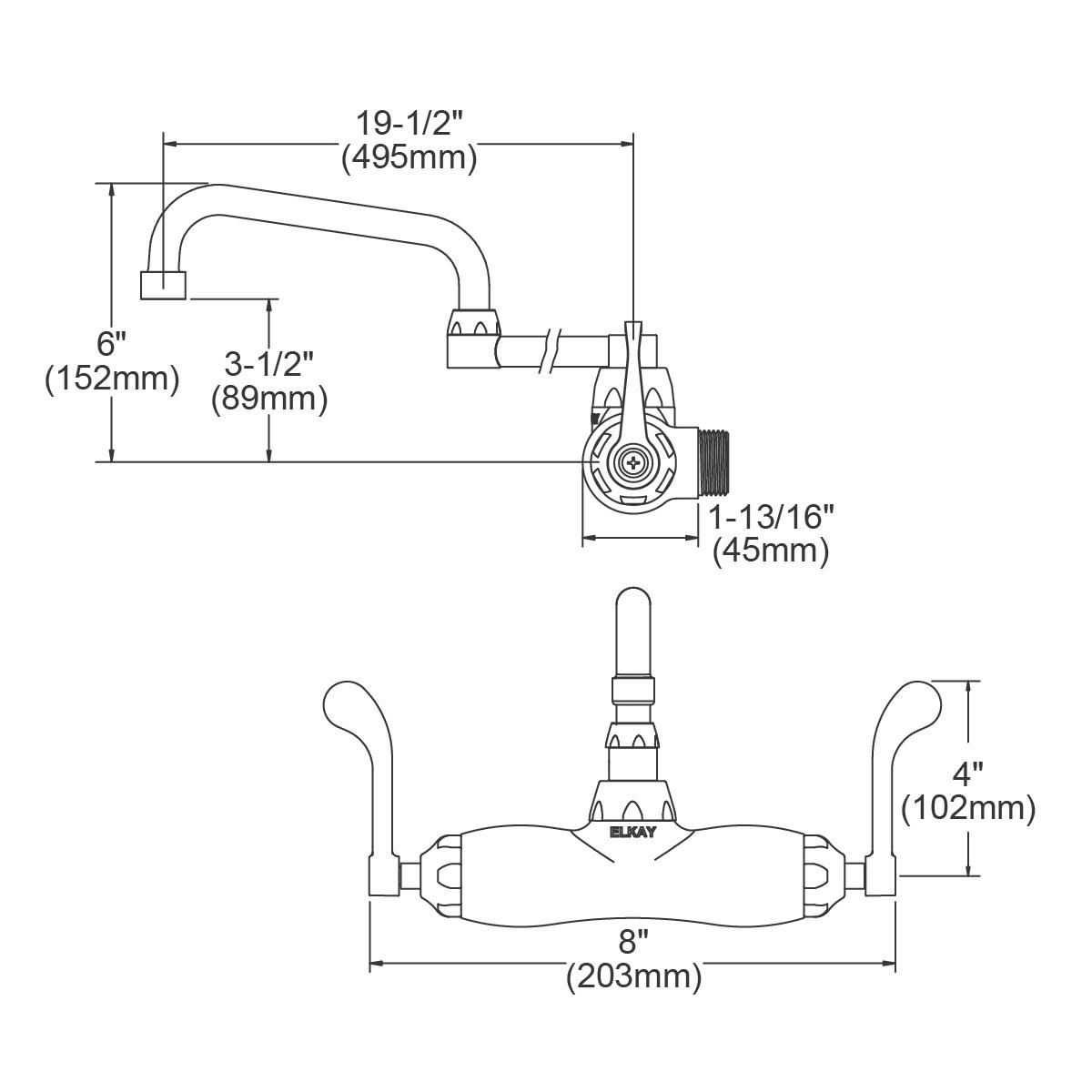 Elkay wall-mount foodservice faucet with double swing spout and 4-inch wristblade handles, shown in technical drawing with di