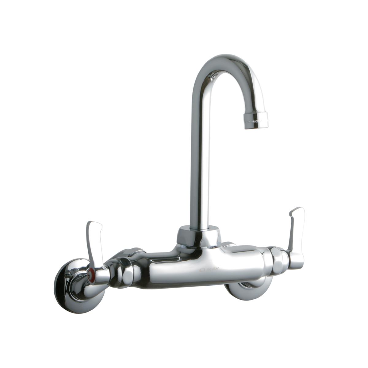 Chrome wall-mounted faucet with gooseneck spout, two lever handles, and wall flanges.