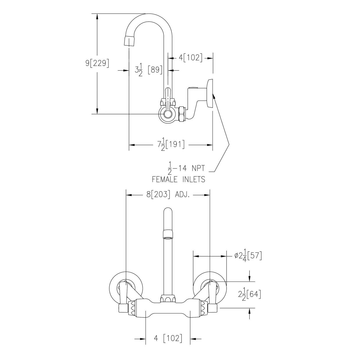 Wall-mounted commercial faucet with gooseneck spout, dual lever handles, and adjustable center mounting with dimension specif