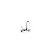 Chrome wall-mount faucet with curved gooseneck spout and two wristblade handles on curved arms.