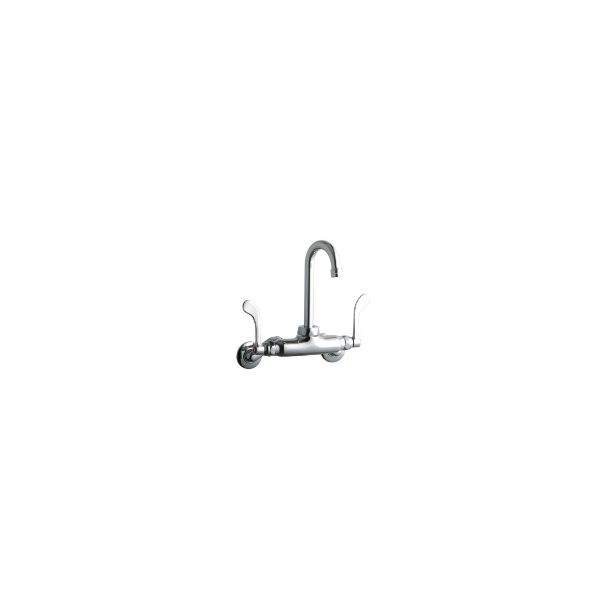 Chrome wall-mount faucet with curved gooseneck spout and two wristblade handles on curved arms.