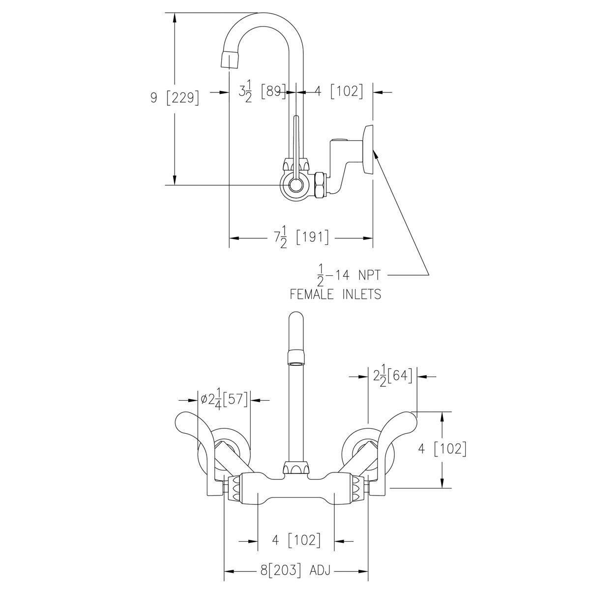 Wall-mounted foodservice faucet with curved gooseneck spout and wristblade handles, technical specification diagram with meas