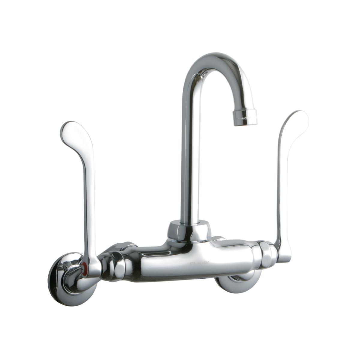Chrome wall-mount faucet with gooseneck spout and two curved wristblade handles on either side.