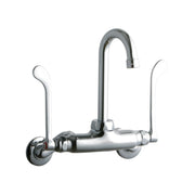 Chrome wall-mount faucet with gooseneck spout and two curved wristblade handles on either side.