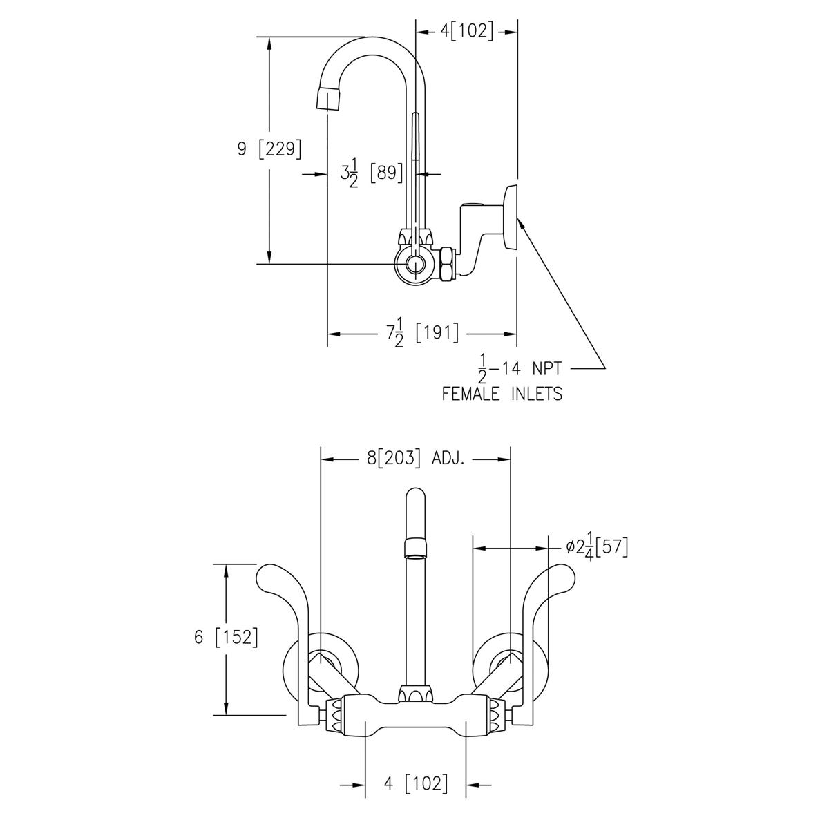 Wall-mount commercial faucet with gooseneck spout and dual wristblade handles, shown in technical elevation and plan views wi