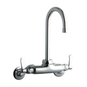 Chrome wall-mount faucet with gooseneck spout and dual lever handles for commercial kitchen use.