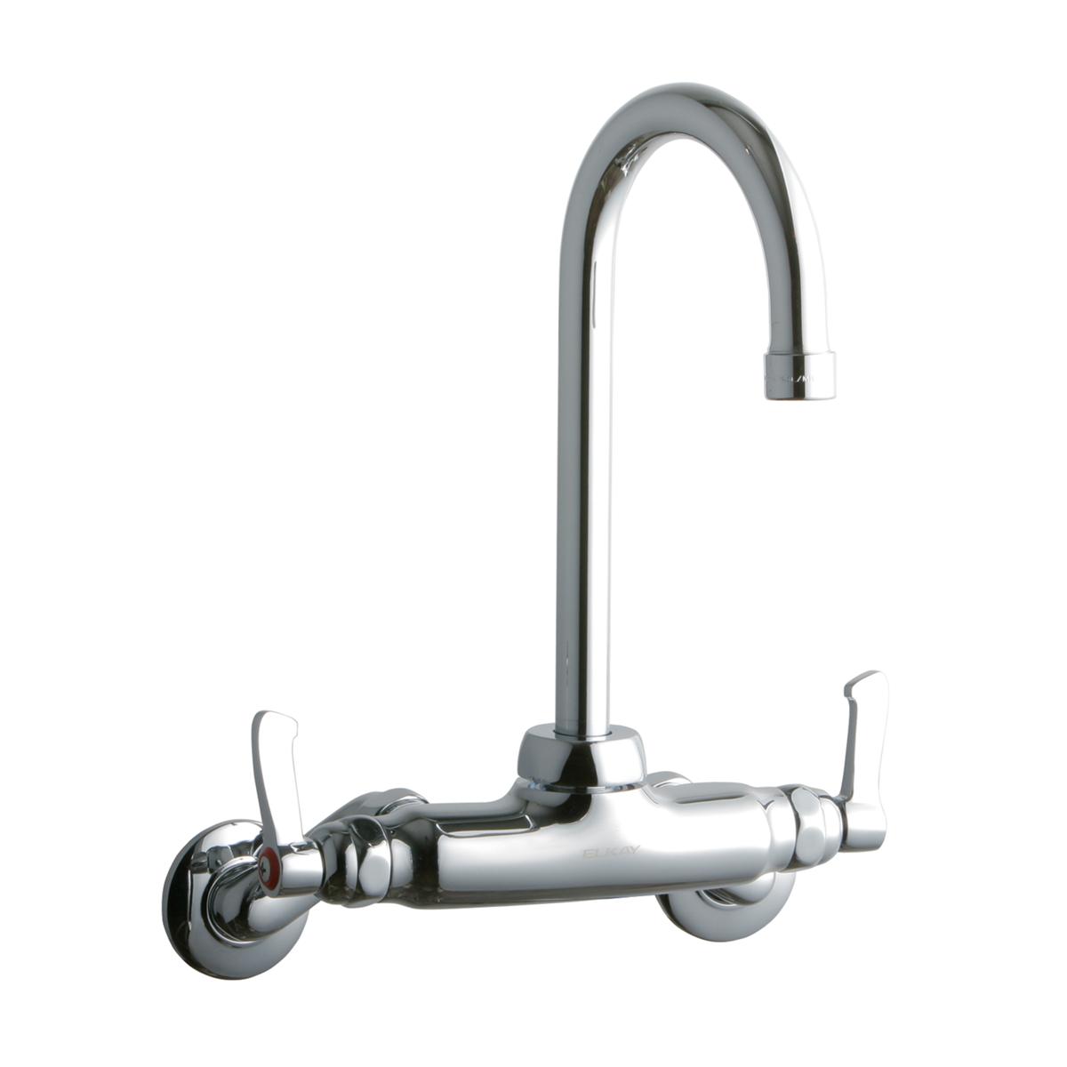Chrome wall-mount faucet with gooseneck spout and dual lever handles for commercial kitchen use.