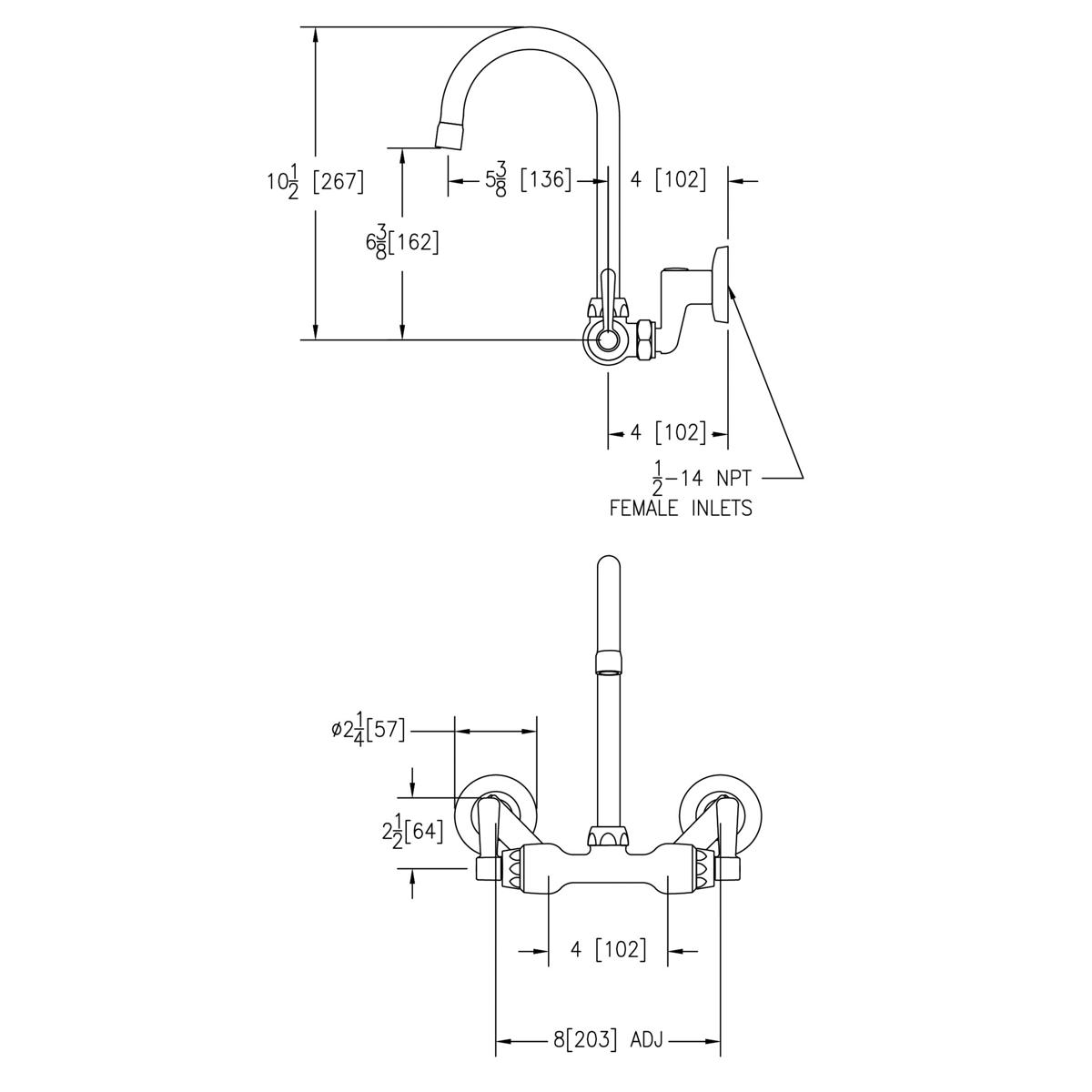 Chrome wall-mounted faucet with gooseneck spout, two lever handles, and adjustable center mounting with dimension specificati