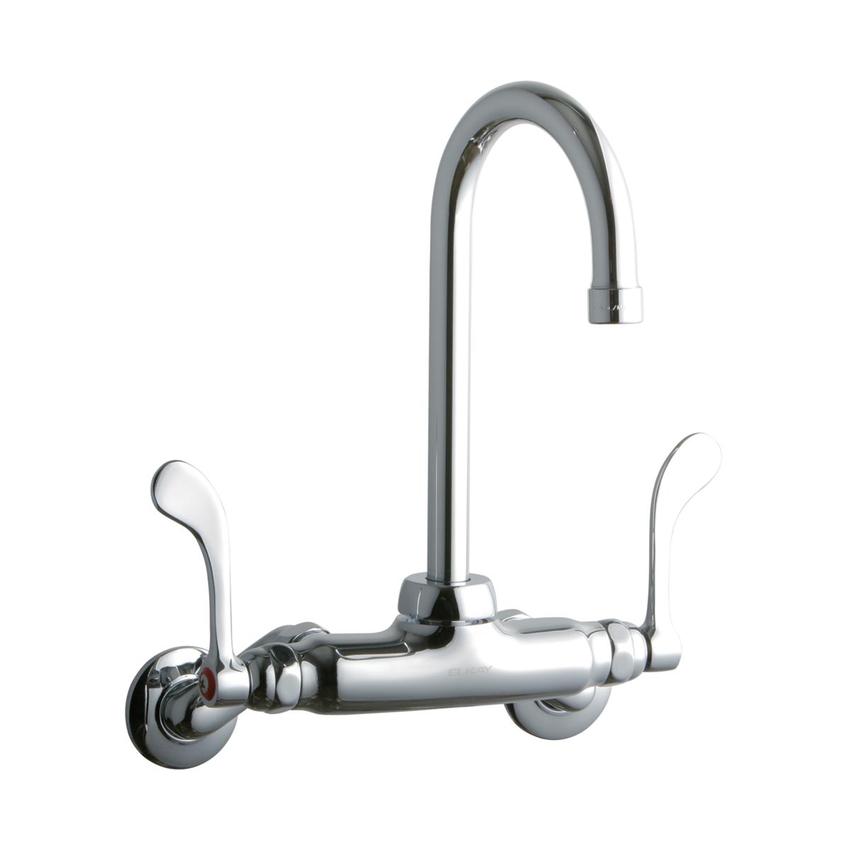 Chrome wall-mount faucet with curved gooseneck spout and two wristblade handles on horizontal base.