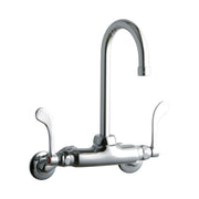 Chrome wall-mount faucet with curved gooseneck spout and two wristblade handles on horizontal base.