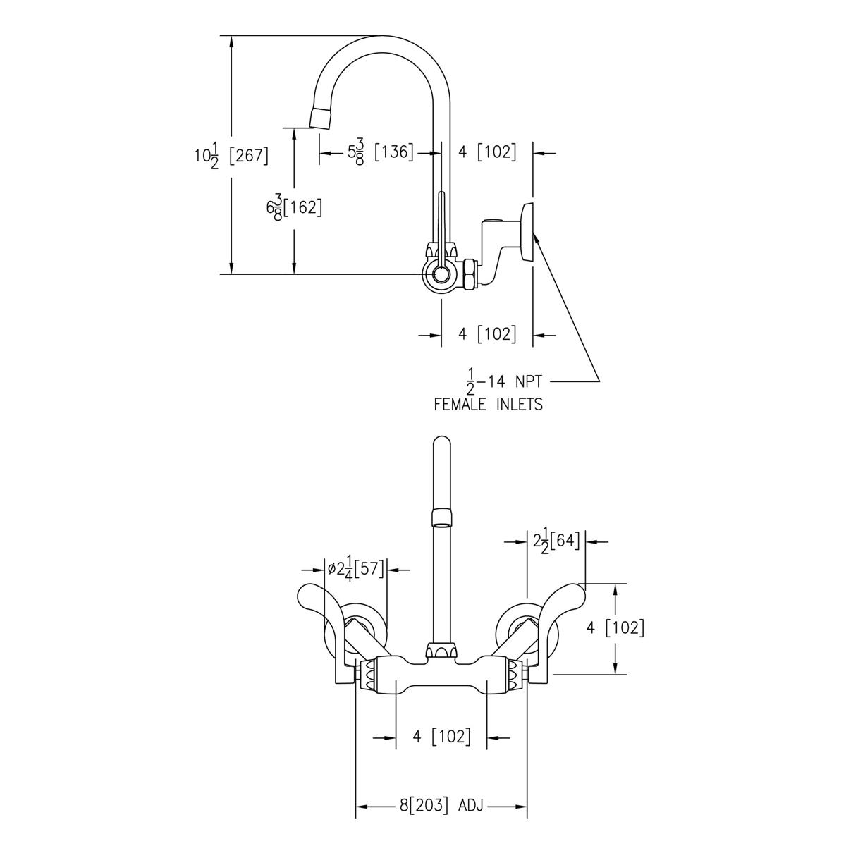Wall-mounted commercial faucet with curved gooseneck spout, wristblade handles, and adjustable center mounting specifications