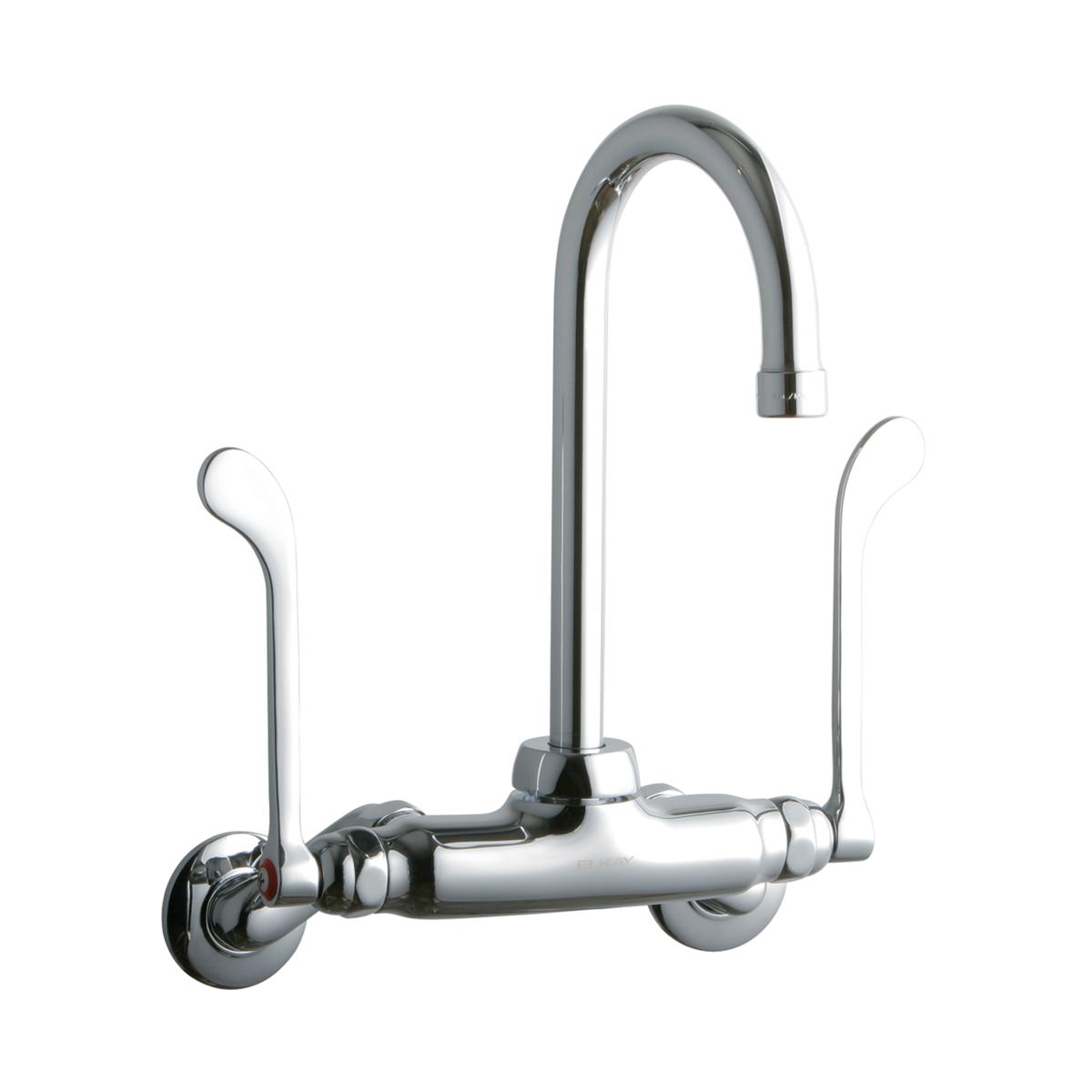 Chrome wall-mount faucet with curved gooseneck spout and two wristblade handles on either side.