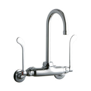 Chrome wall-mount faucet with curved gooseneck spout and two wristblade handles on either side.