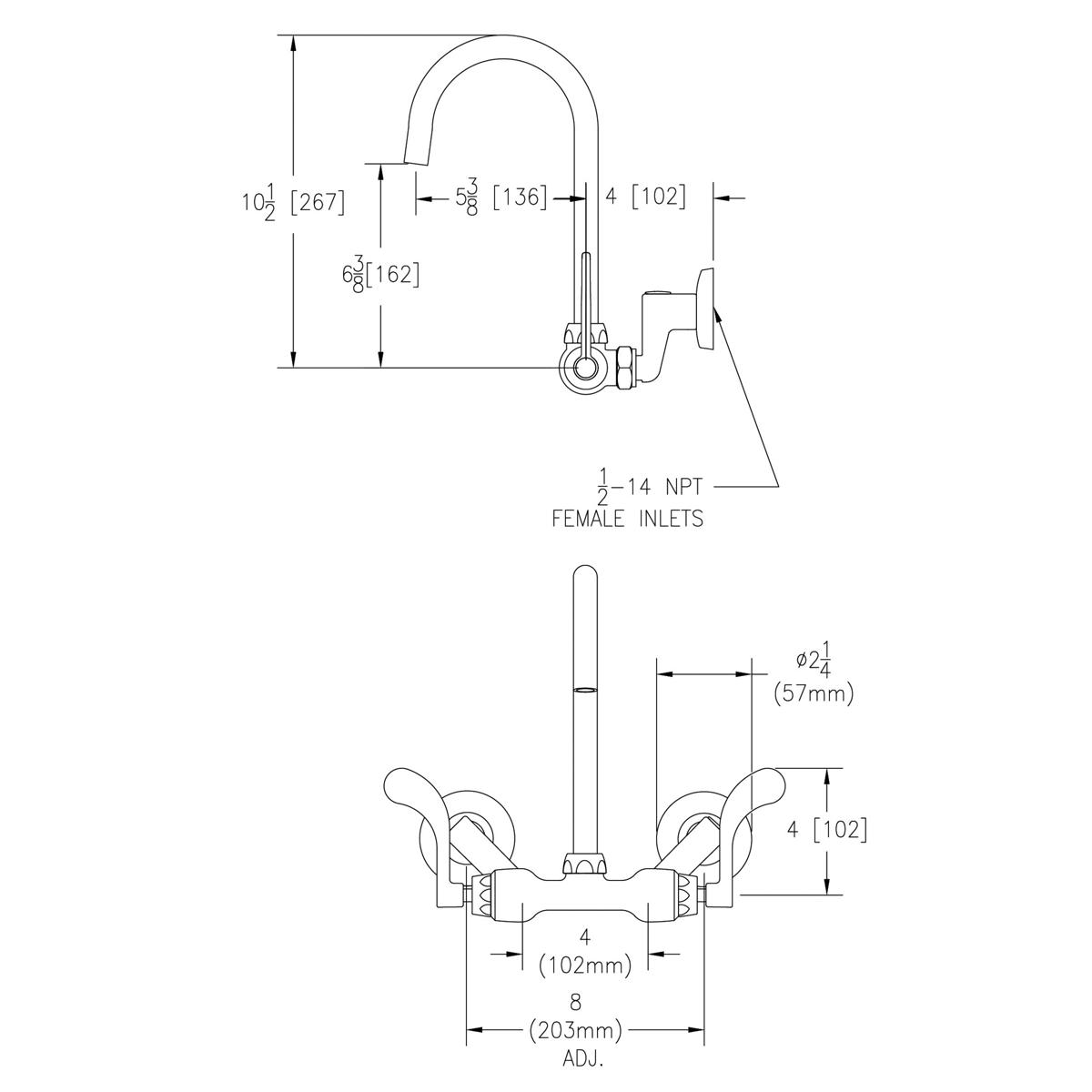 Wall-mounted faucet with curved gooseneck spout, wristblade handles on either side, and adjustable center mounting shown in t