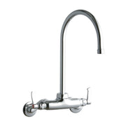 Chrome wall-mount faucet with gooseneck spout and two lever handles.