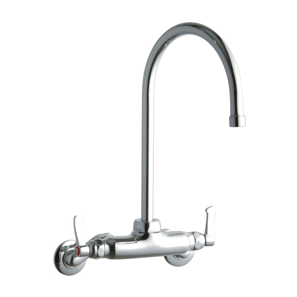 Chrome wall-mount faucet with gooseneck spout and two lever handles.