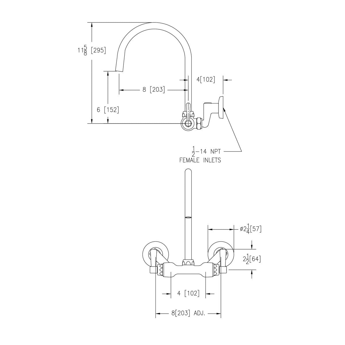 Chrome wall-mount faucet with 8" gooseneck spout, two lever handles, and adjustable 3-8" center spacing.