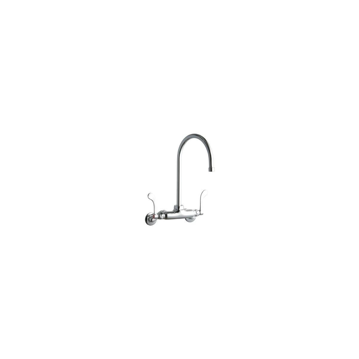 Chrome wall-mount faucet with gooseneck spout and two wristblade handles for commercial foodservice use.
