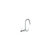 Chrome wall-mount faucet with gooseneck spout and two wristblade handles for commercial foodservice use.
