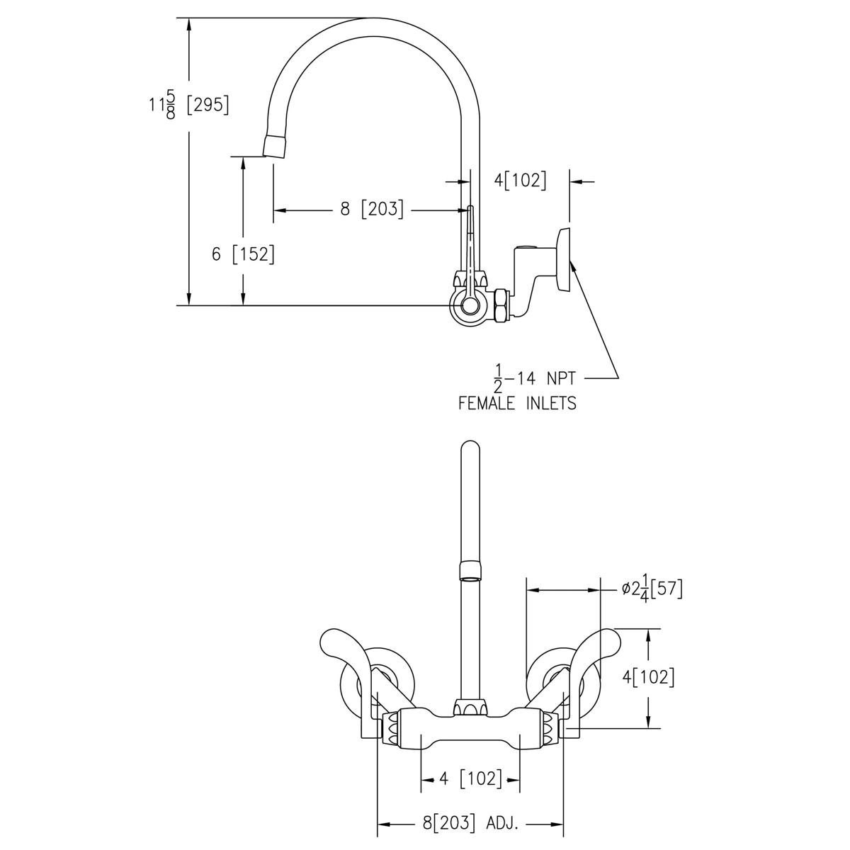 Wall-mount commercial faucet with curved gooseneck spout, dual wristblade handles, and adjustable center installation.