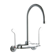 Chrome wall-mounted faucet with tall gooseneck spout and two curved wristblade handles on either side.