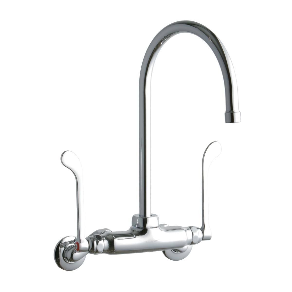 Chrome wall-mounted faucet with tall gooseneck spout and two curved wristblade handles on either side.
